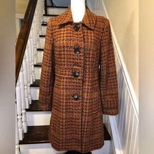 CHADWICKS Burned Orange Tartan Plaid Tweed 3/4 Length Wool Coat Sz 8